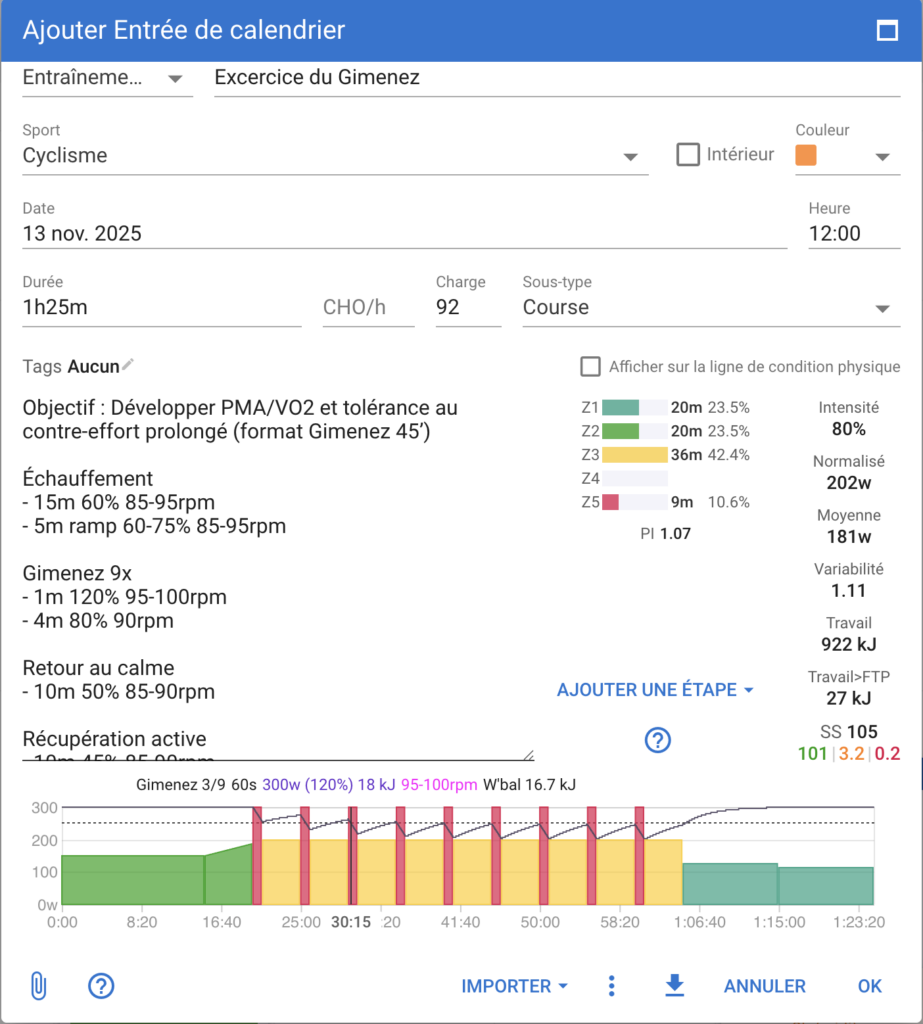 La séance proposée par Perplexity copiée-collée directement dans Intervals.icu