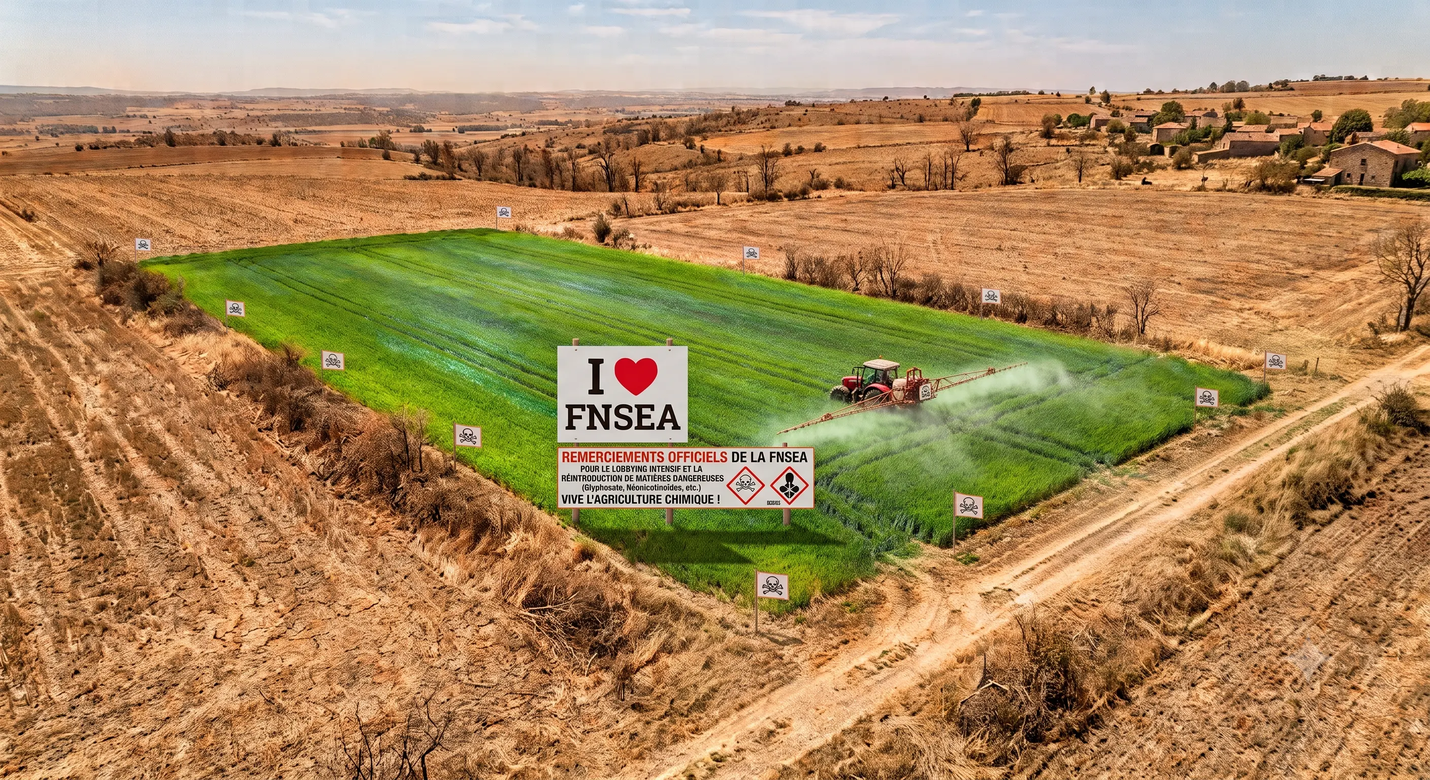 Vue aérienne d'un champ verdoyant artificiel traité aux pesticides au milieu d'une terre desséchée avec un tracteur épandeur et un panneau I love FNSEA.